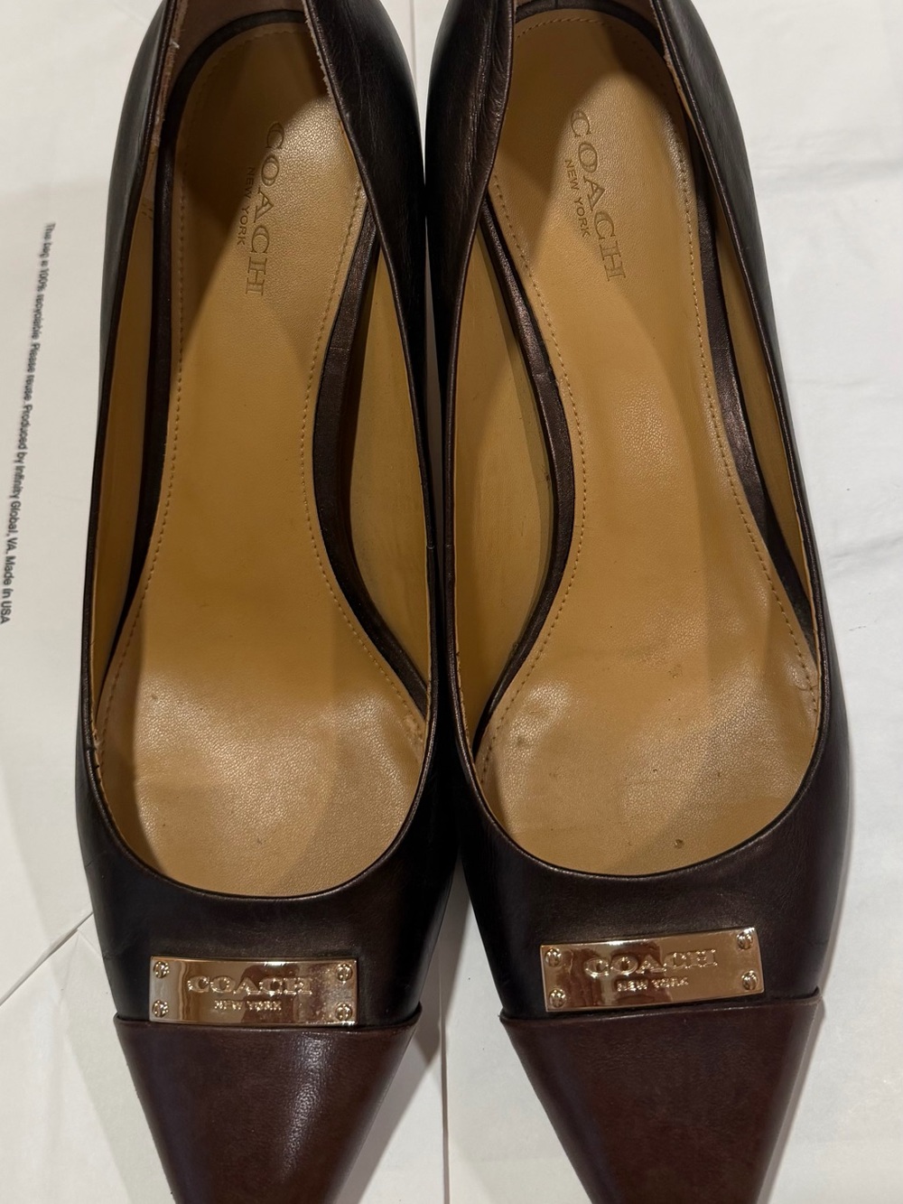 Coach Women's Dark Brown Leather Pointed Toe Pumps with Gold Plaque